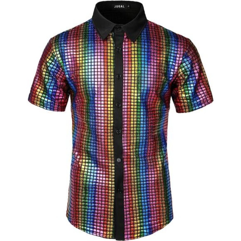 Mens 70s Disco Costume Silver Sequins Short Sleeve Button Down Shirts,Multicolor
